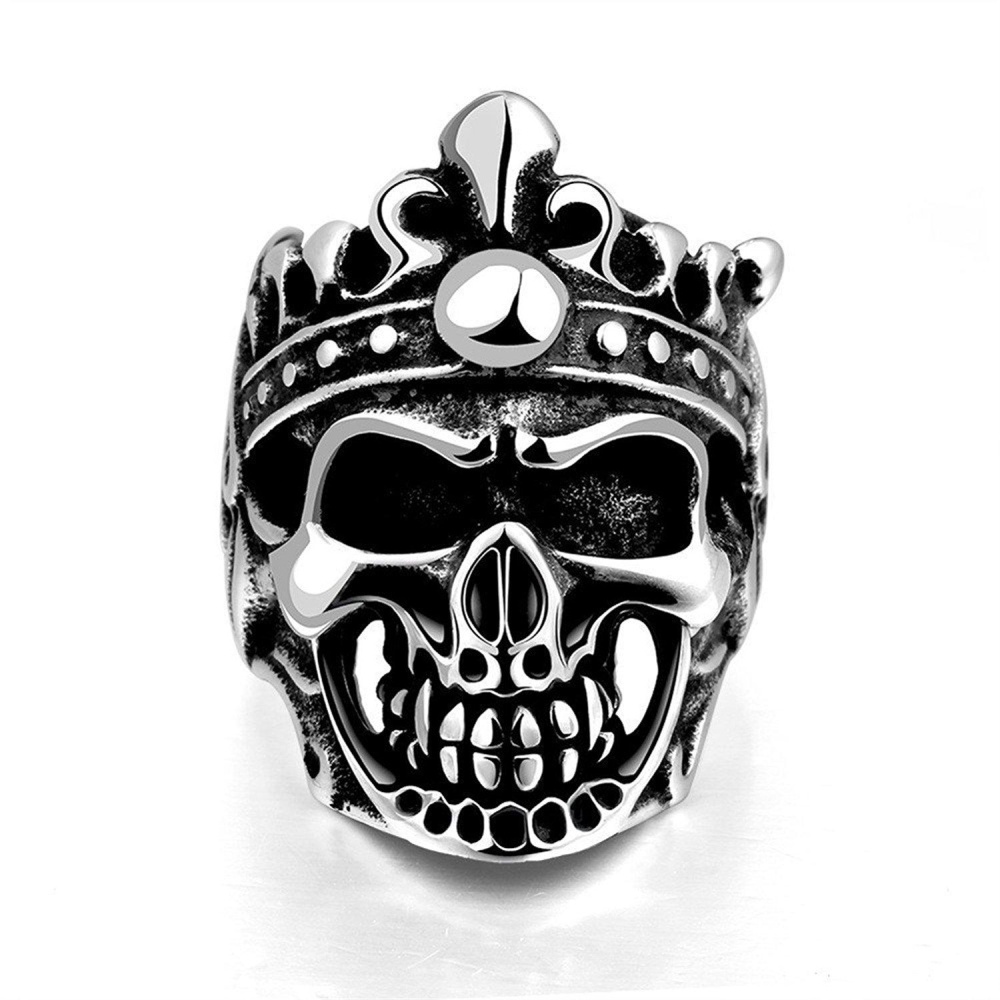 XY Fancy Cool Titanium Steel Men'S Tidak Pernah Pudar Stainless Steel Crown Cincin Tengkorak Punk Jari Band Perhiasan untuk Man Boy Gift Ukuran Cincin: 10.0