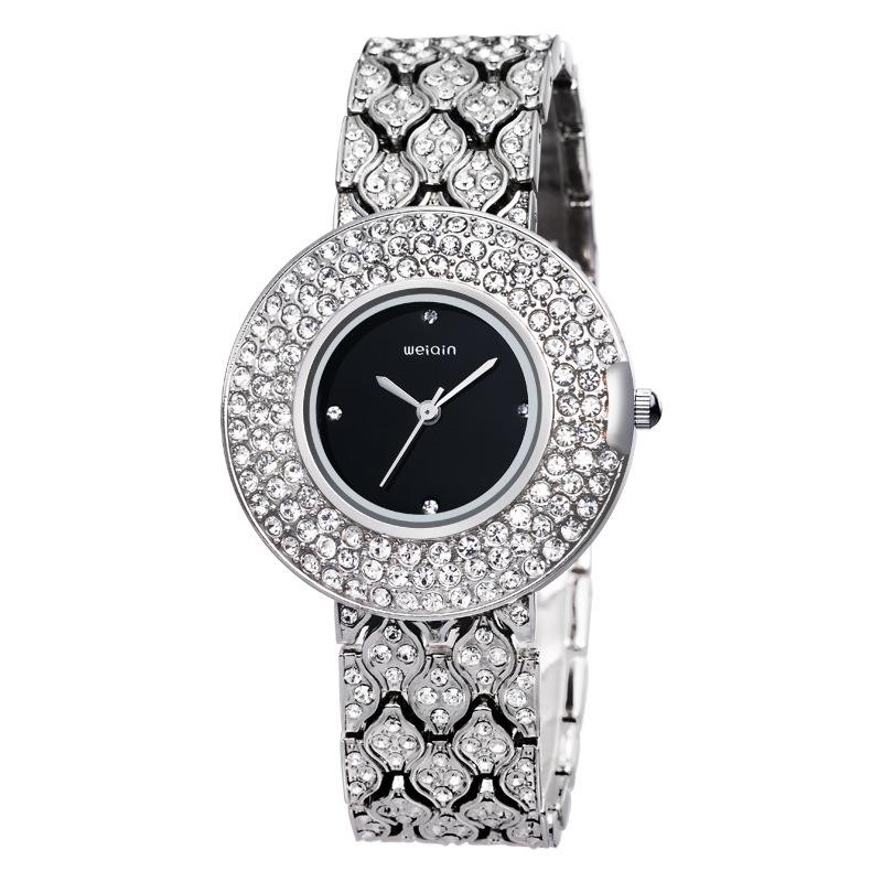 Yukufus Qin Wei Wanita Gelang Berlian Jam Tangan Mewah Diamond Watch Ladies High-end Fashion Grosir Jam Tangan Murah Wanita (perak Hitam)