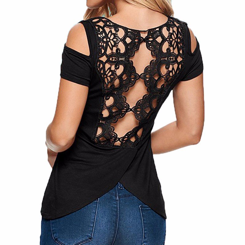 Zanzea Summer Sexy Women Hollow Off Shoulder Casual Short Sleeve Lace Splicing Crochet Blouse Tank Backless Split Tops Black