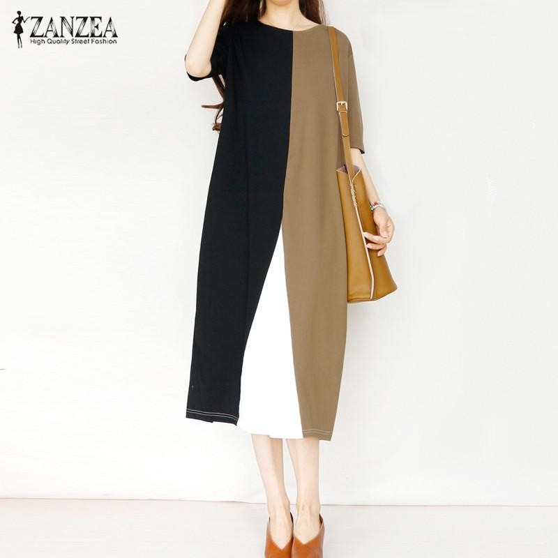 ZANZEA Wanita 1/2 Lengan Panjang Kemeja Gaun Longgar Pesta Mid-Calf Dress Plus Ukuran