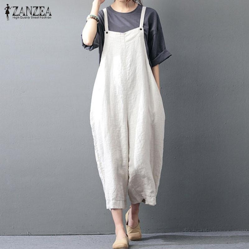 Zanzea Wanita Dungaree Overall Playsuits Romper Longgar Lebar Kaki Celana Panjang Beige-Intl