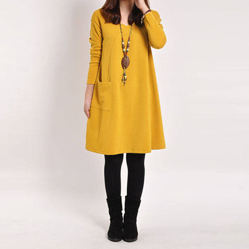 ZANZEA Wanita Lengan Baju Panjang Saku V-leher Puncak Santai Mini Hamil Gaun Katun Longgar Kuning-Internasional