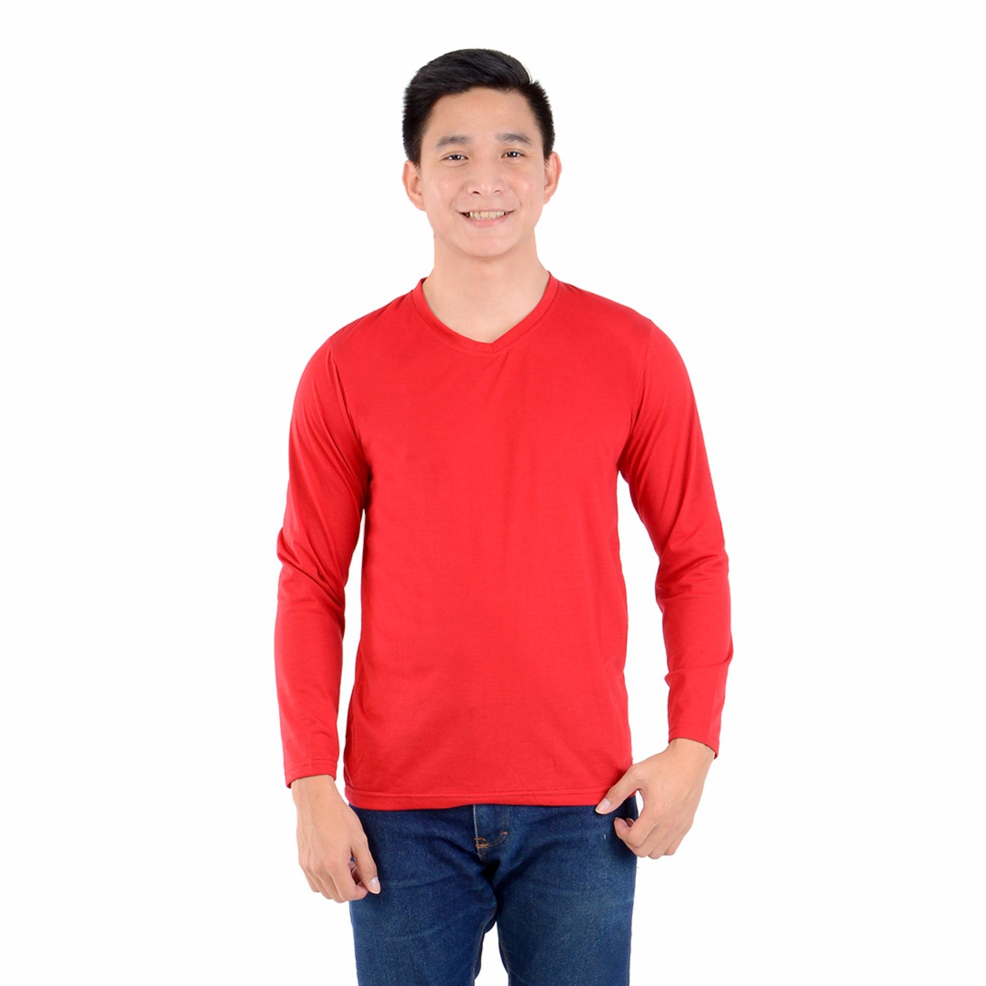Zos Kaos T-Shirt Distro Atasan Pria Lengan Panjang V Neck Bisa Untuk Kaos Sablon - Merah