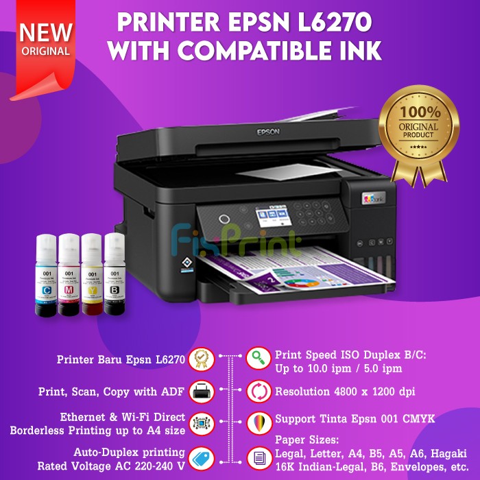 Printer Epson EcoTank L6270 A4 PrintScanCopy WiFi Duplex Multifungsi All in One Lazada