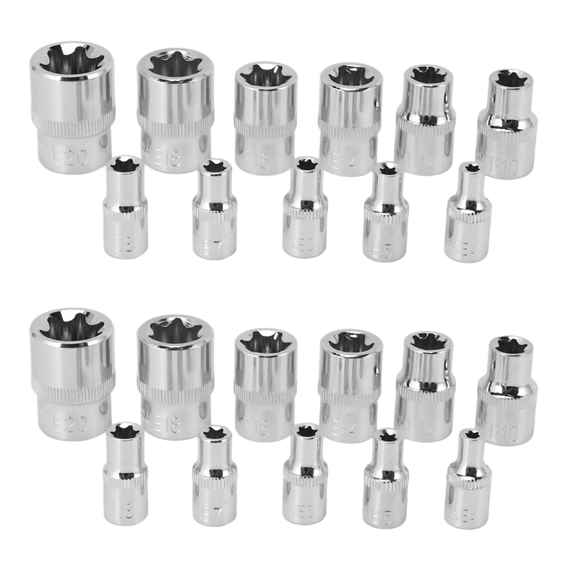 22Pc Female E Torx Star Socket Set Rail E4 E20 External Star Torque