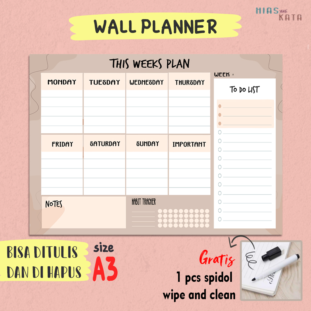 Weekly Planner wall Week Plan with Habit Tracker & notes size A3