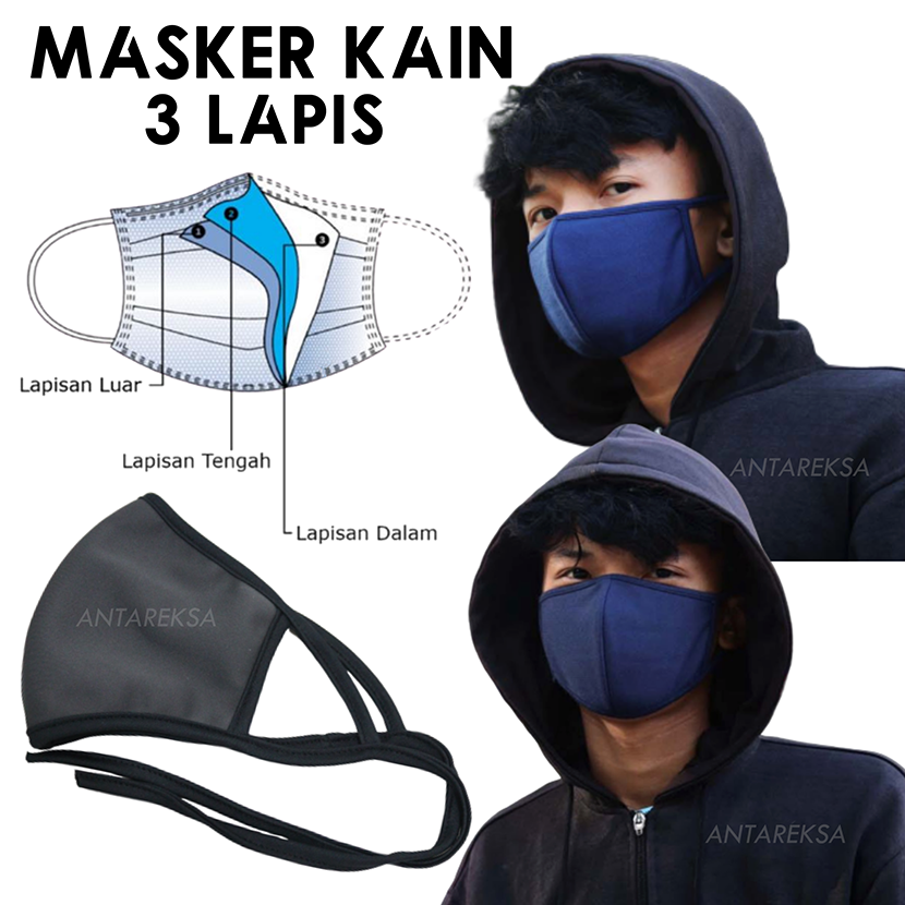 Masker Kain 3 Lapis dengan Tali 2 in 1 Headloop dan Earloop Pengganti Masker Sensi Masker Jilbab Praktis Model Masker Scuba