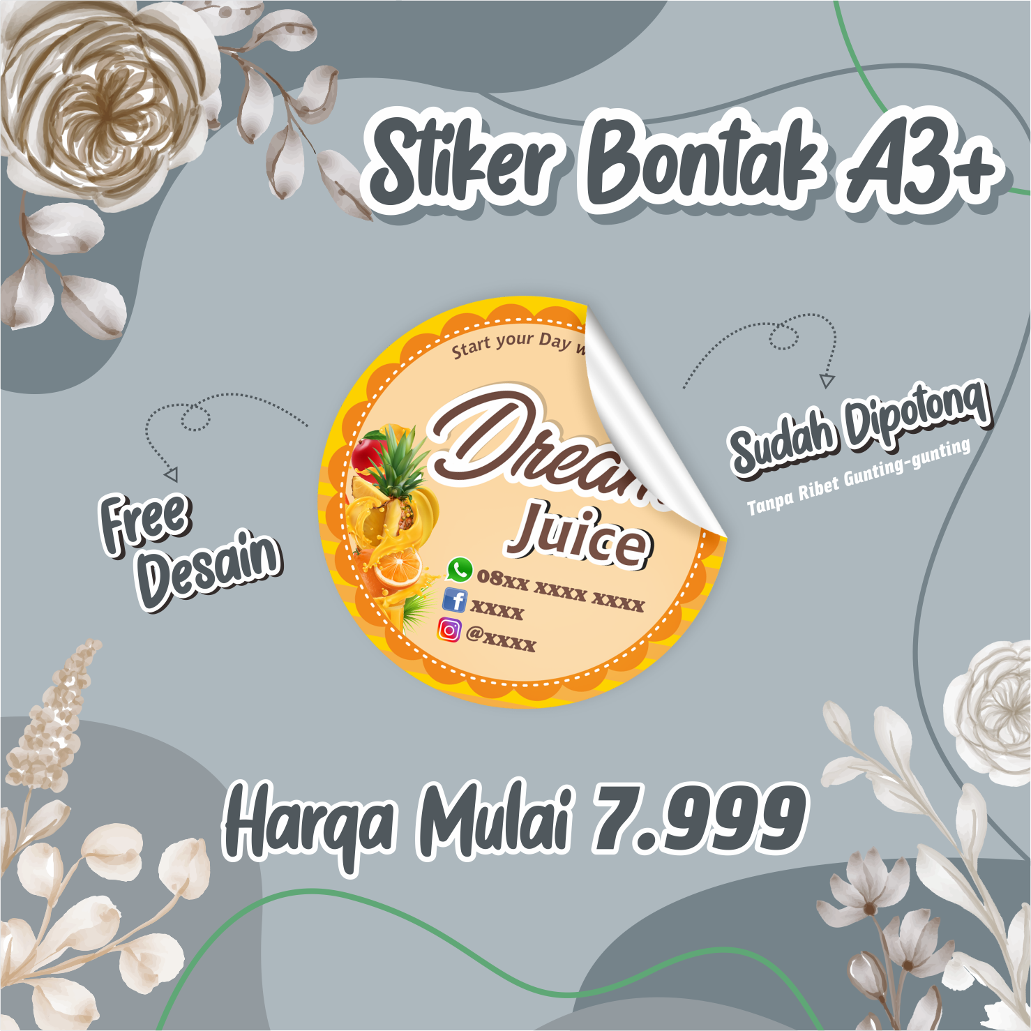 CETAK STIKER BONTAK CHROMO A3+ LABEL KEMASAN MAKANAN, SKINCARE, LABEL