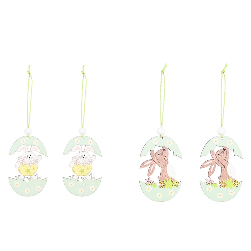 4 Pcs Easter Pendant for Bunny Egg Shell Rabbit Wooden Hanging Ornaments Pendant for Home Party Decorations, D & B