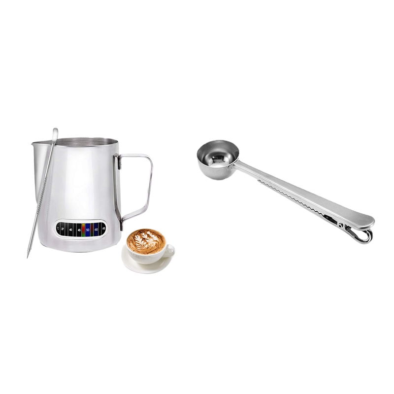 1SET Milk Frothing Pitcher,20Oz Stainless Steel Espresso Steaming Pitcher & 1x 2 in 1 Coffee Spoon with Bag Clip