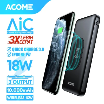 ACOME Powerbank 10000mAh Wireless Charge AiC Fast Charging QC 3.0 iPHONE PD 10W Real Capacity Garansi Resmi 18 Bulan AP106