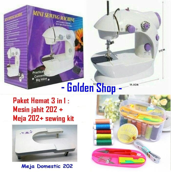 NEW SET PAKET HEMAT3in1 Mesin Jahit + Sewing Kit Mini +Meja Portable 202 Ada Lampunya FREE Meteran
