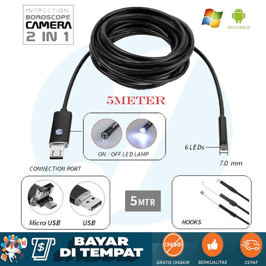 Kabel Endoscope 5 Meter Kamera Android 7mm 4cm Focal Distance Endoscope Camera 720P 2M IP67 Waterproof Kamera Kabel Endoskopi Super Mini Inspeksi Tabung Pipa Ular Saluran Air Snake Camera Kamera Kecil Pengintai Tahan Air Micro USB OTG for Smartphone Spy C