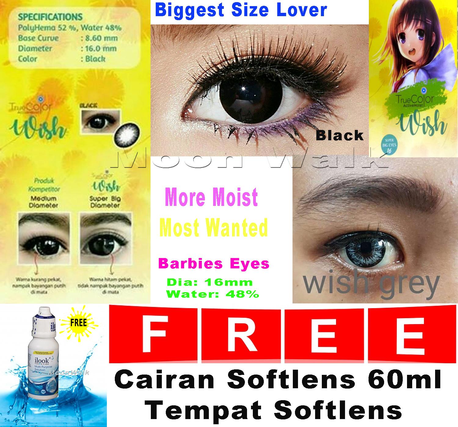Softlens Super Big Size Moist Wish - Black or Gray Gratis Cairan Softlens 60ml dan Tempat Softlens