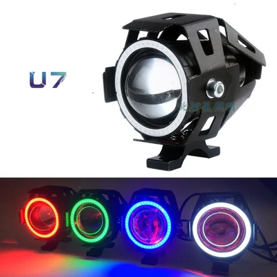 Anyike 1Pcs 12V U7 Motorcycle LED Headlight With Angel Eyes Motorbike Auxiliary Light Bright 125W Spotlight Bicycle Lamp Fog Lights Motorcycle Accessories