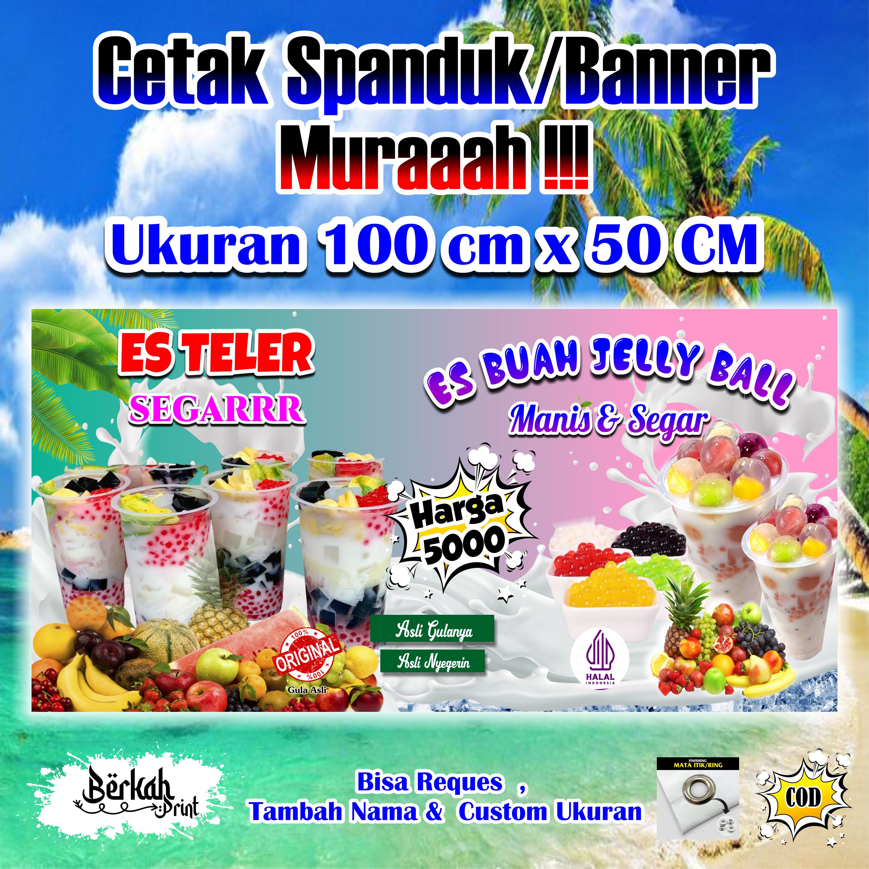 Spanduk Banner Es Teller & Es Buah Jelly Ball Ukuran 100 cm x 50 cm