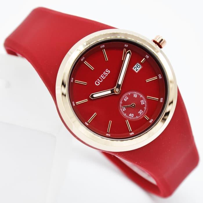 PROMO JAM TANGAN KASUAL GUESS KARET WANITA CEWEK PEREMPUAN GUESS KARET RUBBER STRAP TANGGAL AKTIF TAHAN AIR WATER RESIST SIMPLE ELEGAN MODEL TERBARU LAGI DISKON TERMURAH TERLARIS GUESS Lg-1345 MERAH ROSE GOLD MURAH