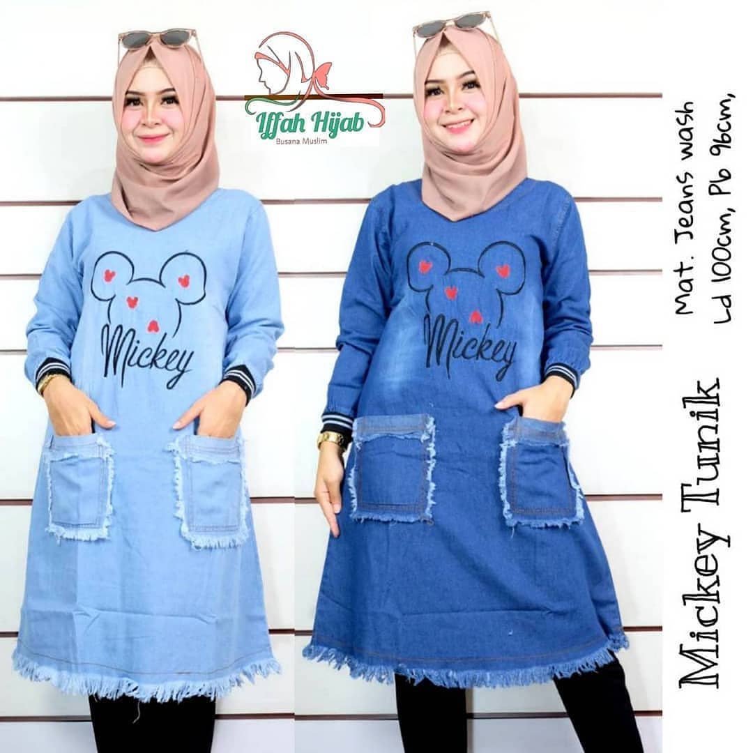 Mickey Tunik Pakaian Dress Terusan Dress Wanita Korean Style Baju Tunik Gambar Animasi Kartun Mickey Mouse Jeans Good Quality Best Seller Real