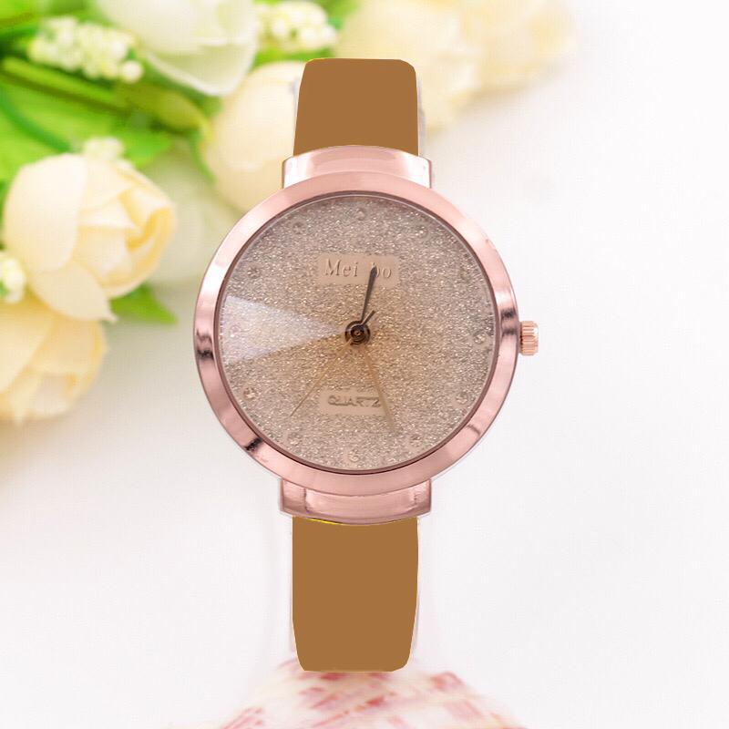 ALKA 370 Jam Tangan Wanita Analog Fashion Casual Women Strap Leather with kaca kristal plat gliter - Jam Tangan Korea Tali Kulit