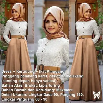 Maxi Dress Lengan Panjang Brukat Plus Kerudung Dan Ikat Pinggang Msr026 Gamis Syari Gaun Pesta Muslimah Baju Muslim Wanita Syari Hijab