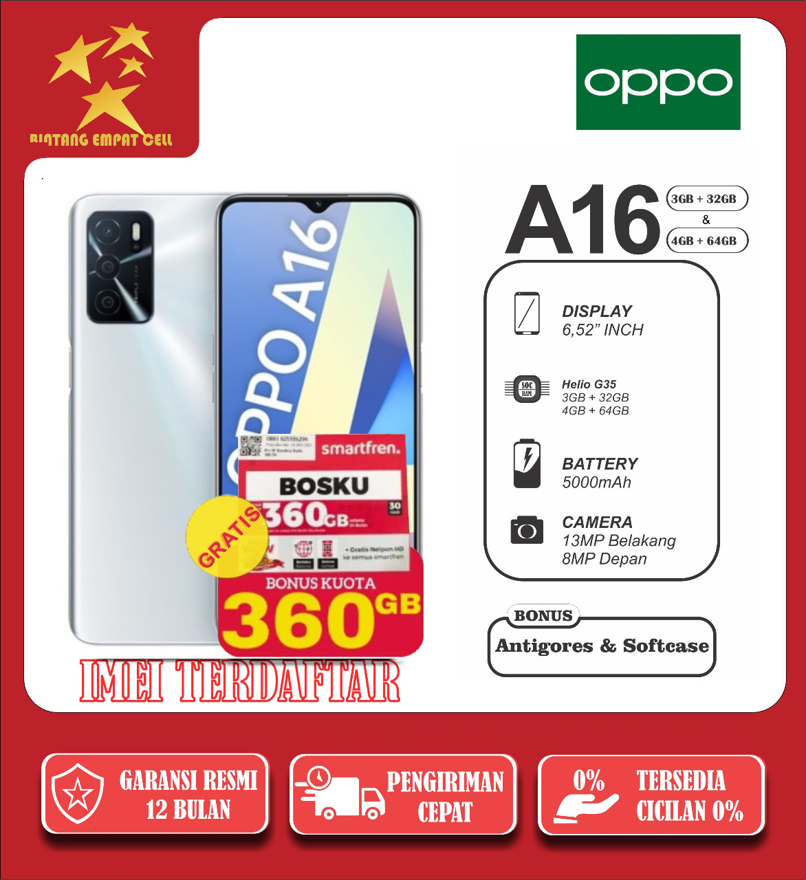 OPPO A16 3/32 RAM 3GB INTERNAL 32GB GARANSI RESMI [HELIO G35 6,5 INCH LCD 13MP CAMERA 4980 MAH BATTERY]