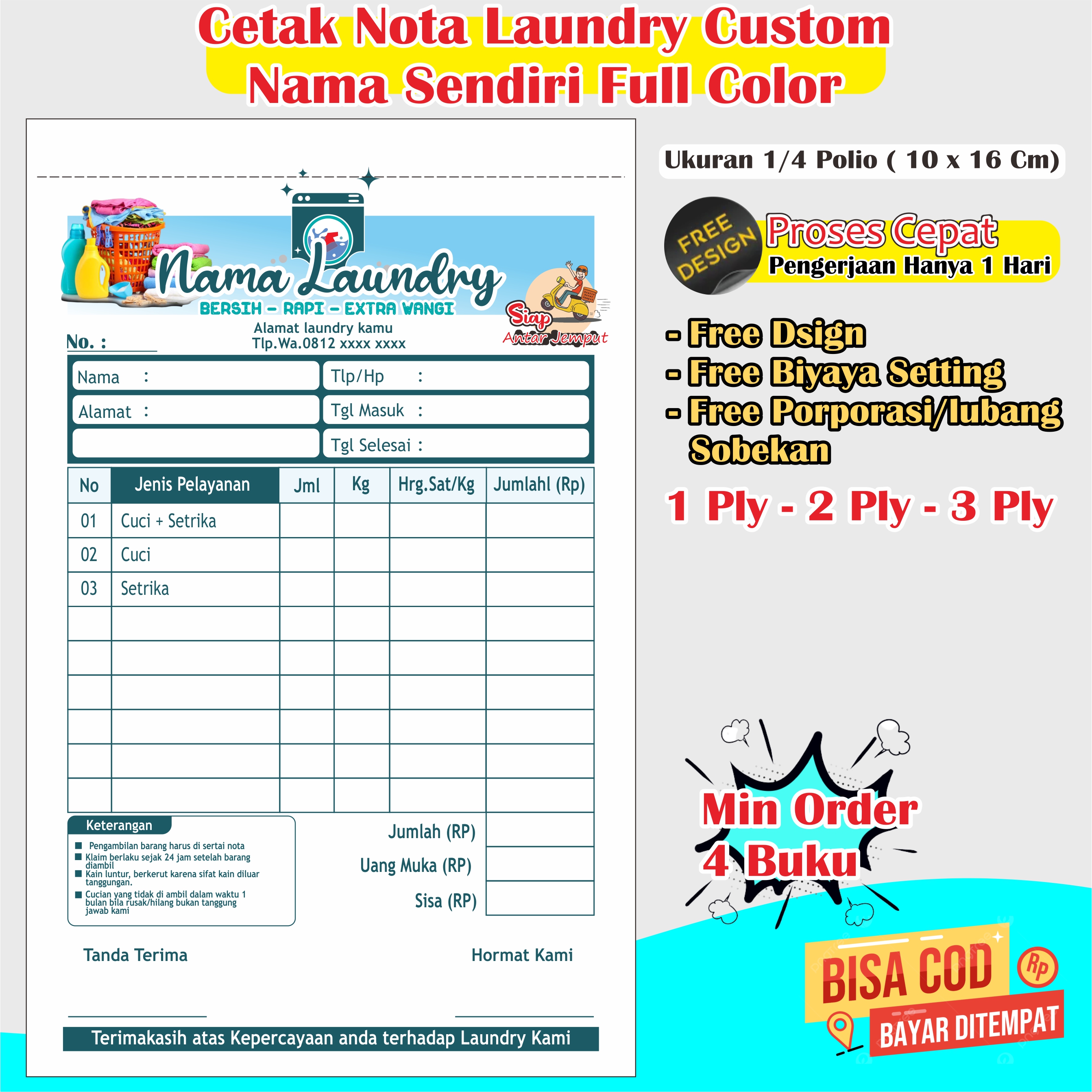Cetak Buku nota laundry custom nama nota laundry 2 rangkap nota laundry ...