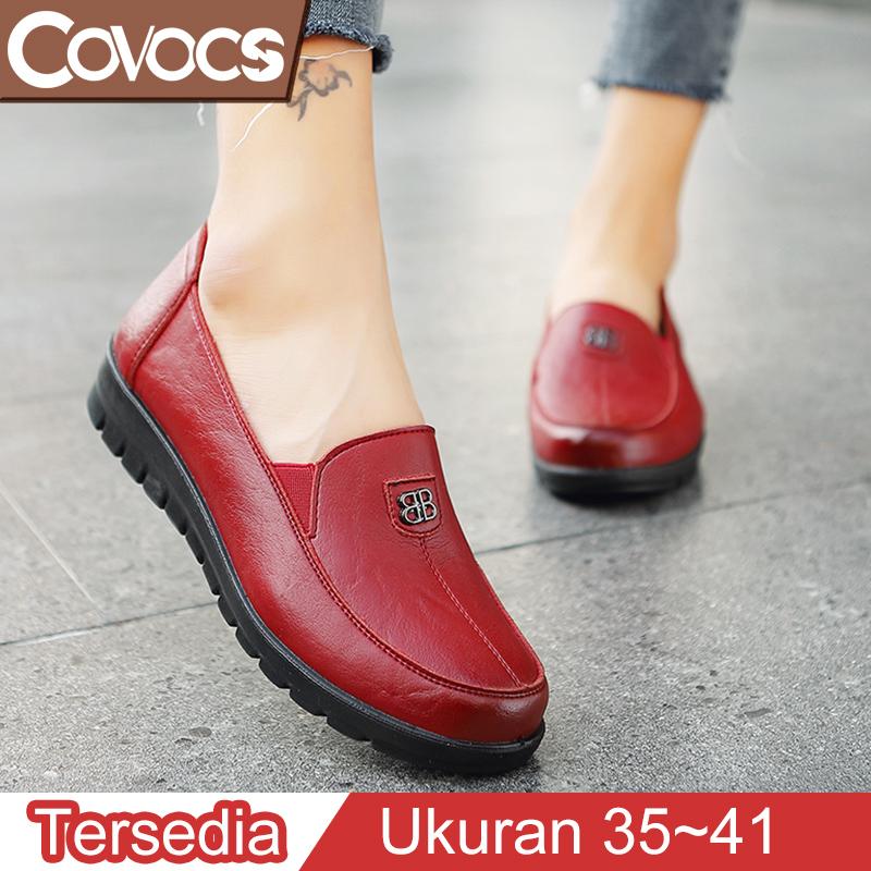 COVOCS Sepatu Flat Shoes Wanita Kulit Korea Fashion Terbaru Sepatu Kantor Elegan Nyaman Bernapas Ringan Termurah Ukuran 35-41