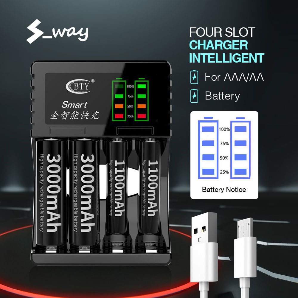 S_way Bộ sạc pin thông minh có 4 khe màu đen dùng để sạc nhanh cho pin AA