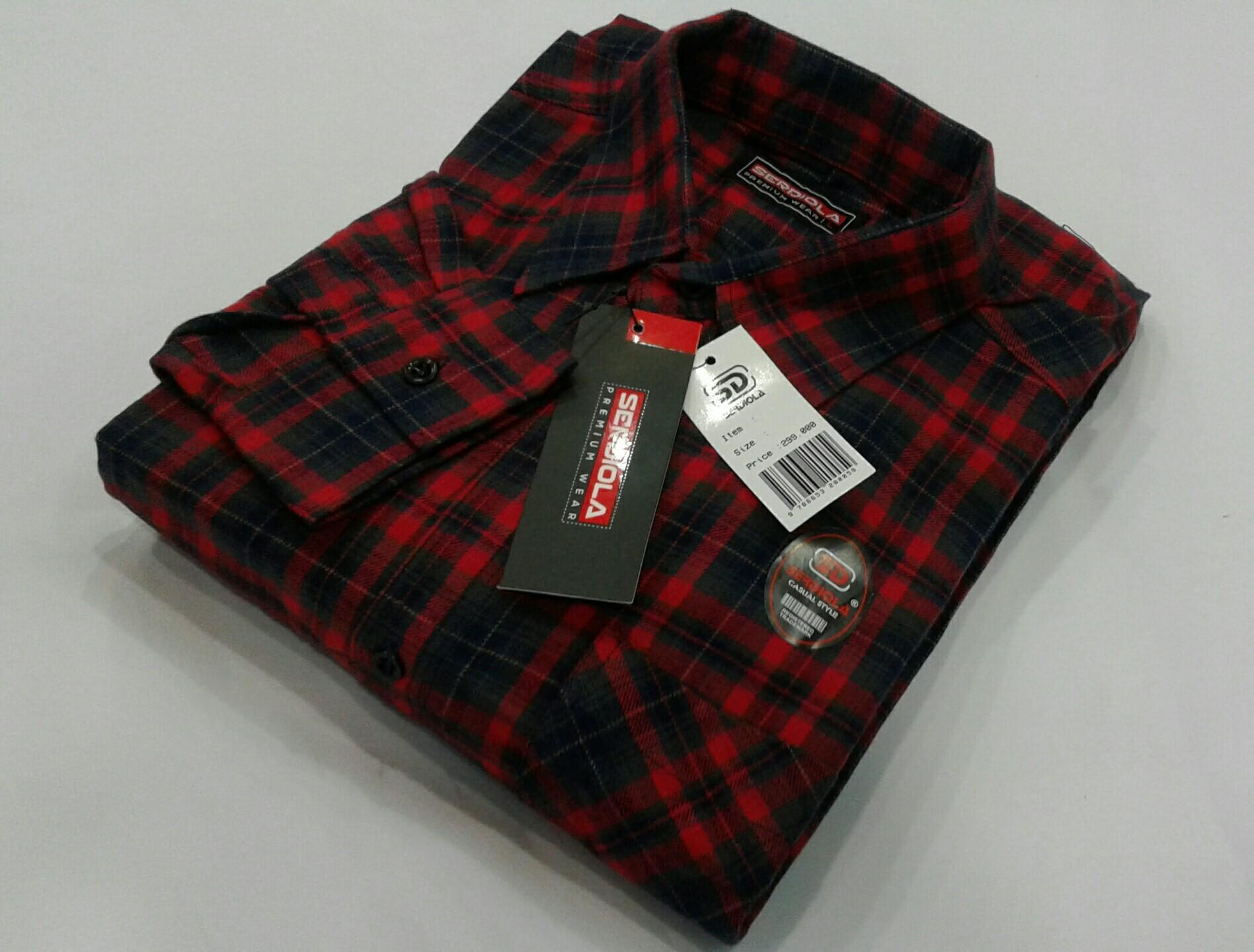 Kemeja Flanel Lengan Panjang Pria-Corak Putih Garis merah