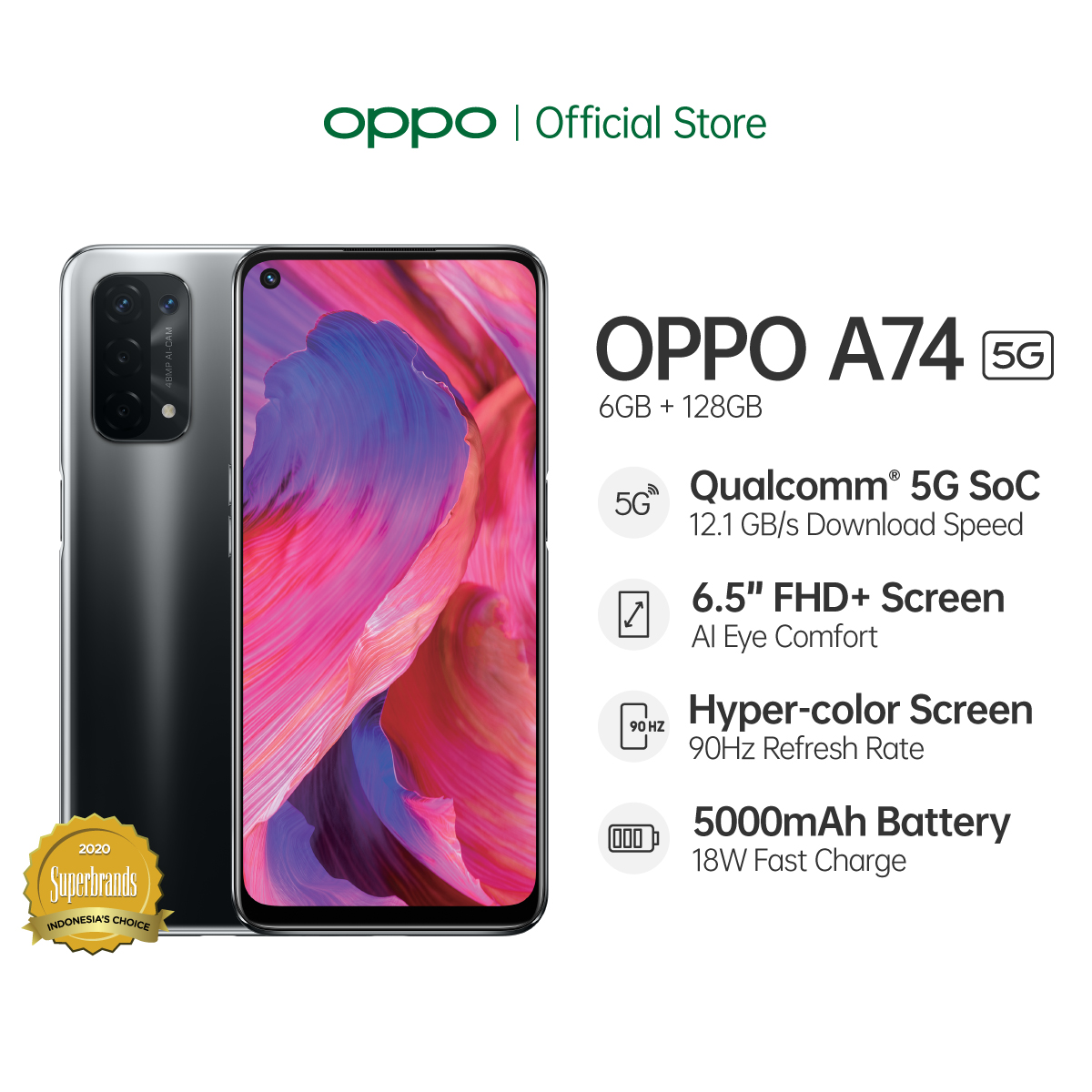 OPPO A74 5G 6/128GB [Qualcomm 5G SoC, 48 MP AI Quad Camera, 5000mAh, 90Hz Hyper-color Screen]