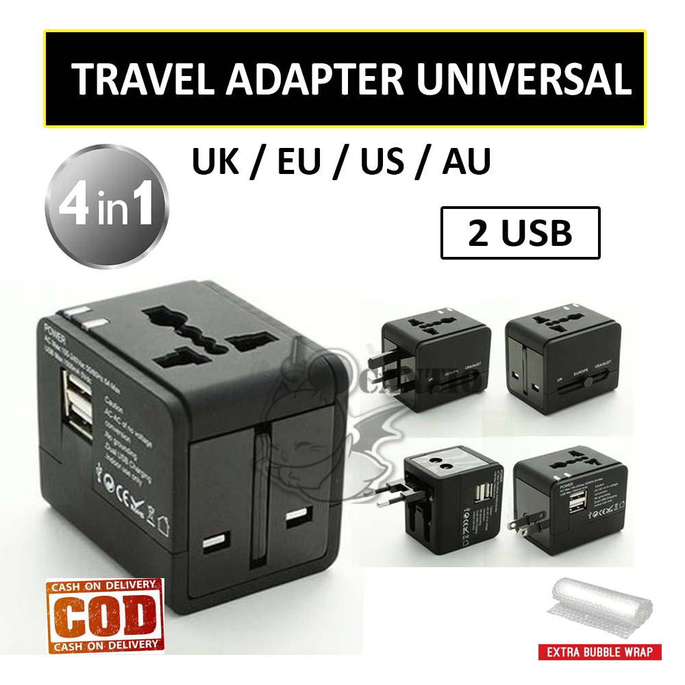 QCF Universal Travel Adapter 4 in 1 EU UK USA Plug with 2.1A USB Port ...