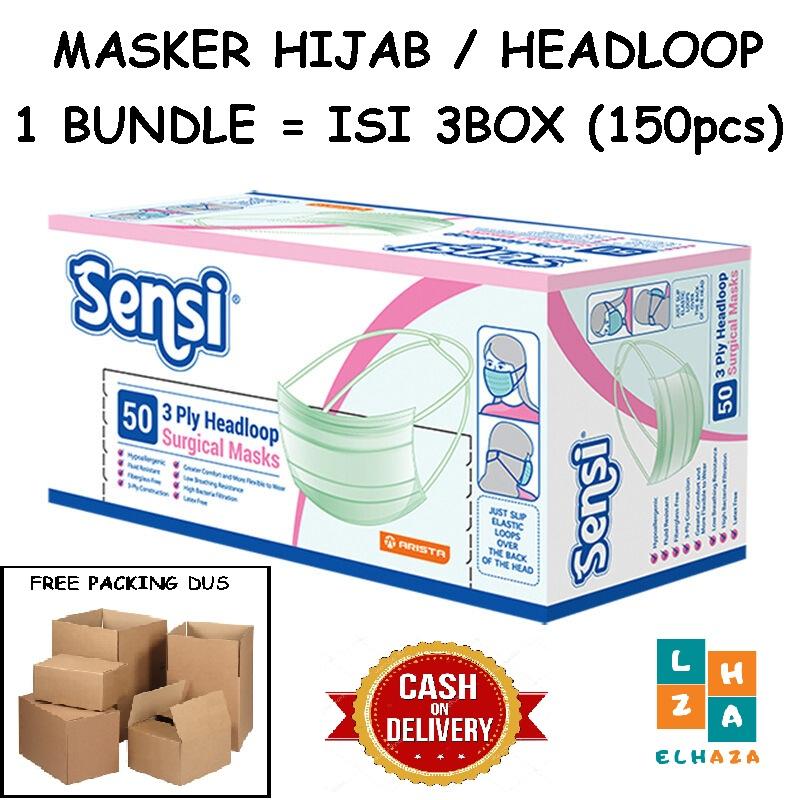 Bundle isi 3box PREMIUM Sensi Masker HEADLOOP 3 ply untuk HIJAB JILBAB