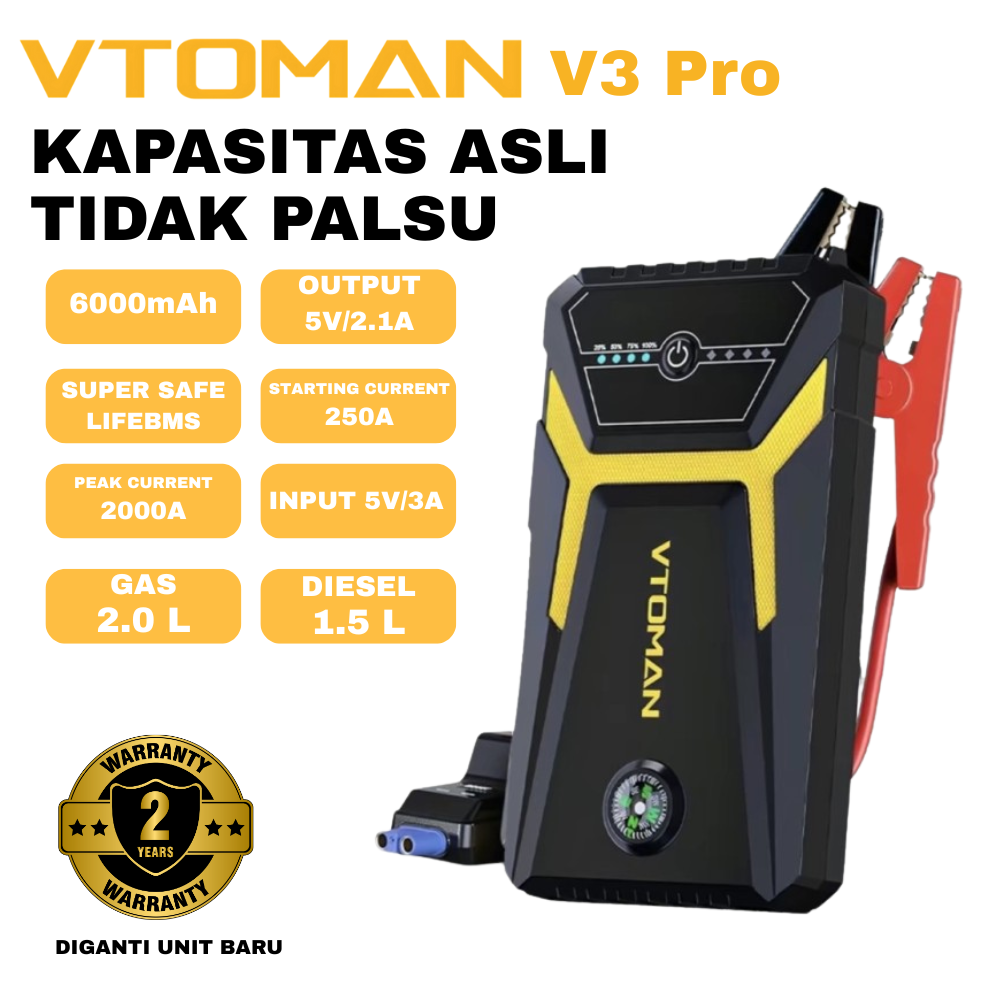 VToman V3 Pro Jump Starter Multifungsi Kapasitas Besar 6000mAh dengan Power Bank dan Senter 1000A Harga 130,000 rupiah*Gratis Ongkir