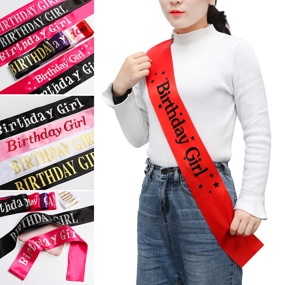 SHIWEIWU2558285 Multicolor Glitter Gifts Happy Birthday Satin Sash Birthday Girl Ribbons Shoulder Girdle