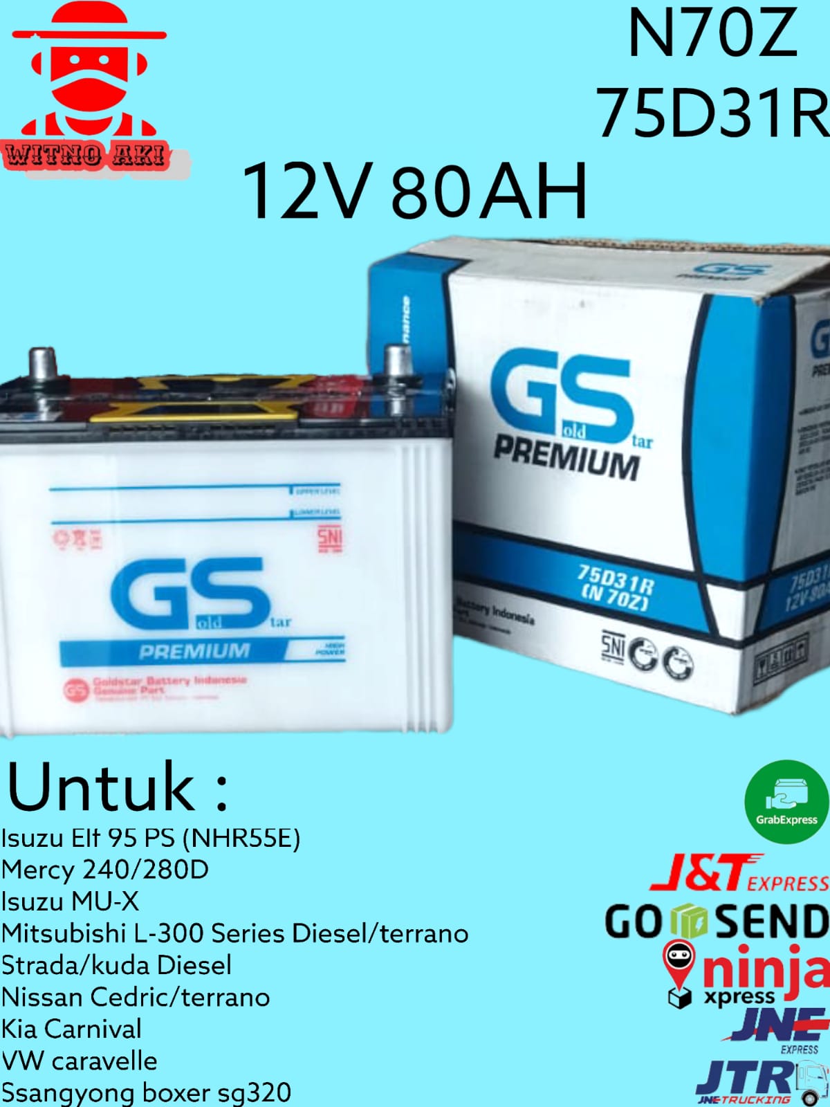 Aki mobil Basah GS 12v 80ah N70Z Elf L300 Nissan MUX Genset excavator B