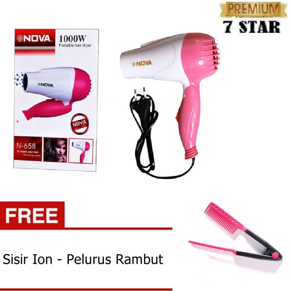 PAKET Perawatan Rambut Hair Dryer Mini 7STAR - Hair Dryer Mini Lipat Pengering Rambut + Gratis Sisir Ion Pelurus Rambut 1 Set