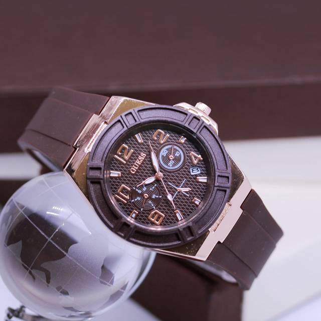 MENARA JAYA STORE / PROMO JAM TANGAN WANITA GUESS TALI KARET COKLAT BROWN TANGGAL AKTIF CHRONO VARIASI MODEL ARTIS KOREA PEREMPUAN MEWAH KEKINIAN RUBBER TERBARU MURAH DISKON WATER RESIST GAYA CEWEK FORMAL KASUAL TREN SPORTI BAGUS CANTIK DISKON