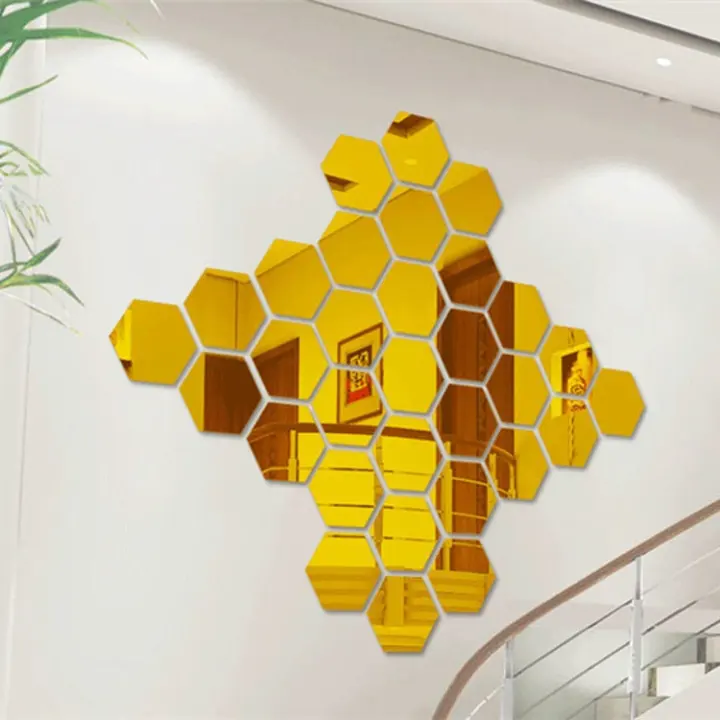12 Pcs Hexagonal Silver Acrylic Mirror Wall Decals Dekorasi Vinyl