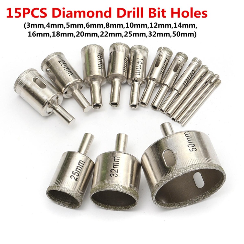 15 Pcs 3mm-50mm Diamond Lubang Mata Bor Gergaji Pemotong Alat untuk Kaca Marmer Granit-Intl