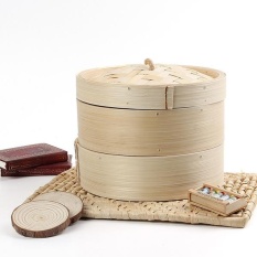 2 Tier 8 Inch Cm Kukusan Bambu Cina Dim Sum Keranjang Rice Pasta Cooker Set dengan Tutup-Internasional