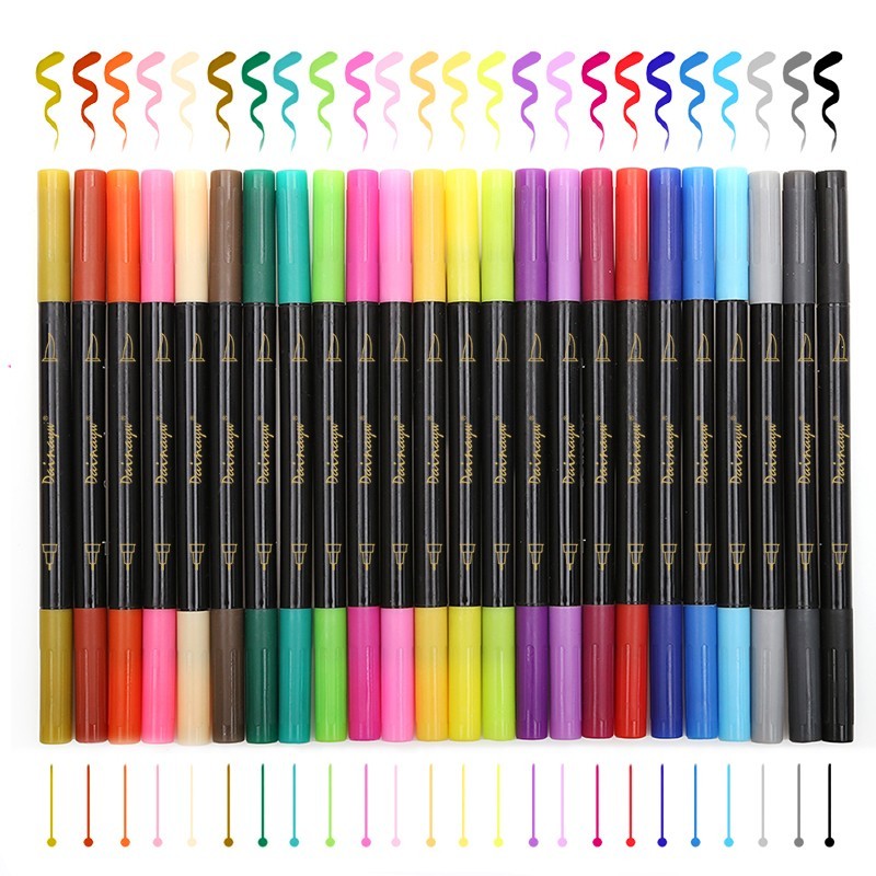 24 Warna Fineliner dan Sikat Kembar Tip Marker Set 0.4 Mm Fineliner Tip & 1-2 Mm Ujung Sikat untuk Sketsa Menggambar, buku Mewarnai-Internasional