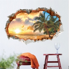 3D Rusak Dinding Sunset Pemandangan Laut Pohon Kelapa Stiker Dinding Hiasan Rumah Kertas Dinding Hiasan Rumah Poster-Intl