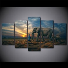 5 Panel No Frame Canvas Art Gajah dan Petani Berjalan Di Rumput Lukisan Seni Modern Minyak Dinding Gambar untuk Tidur-Internasional