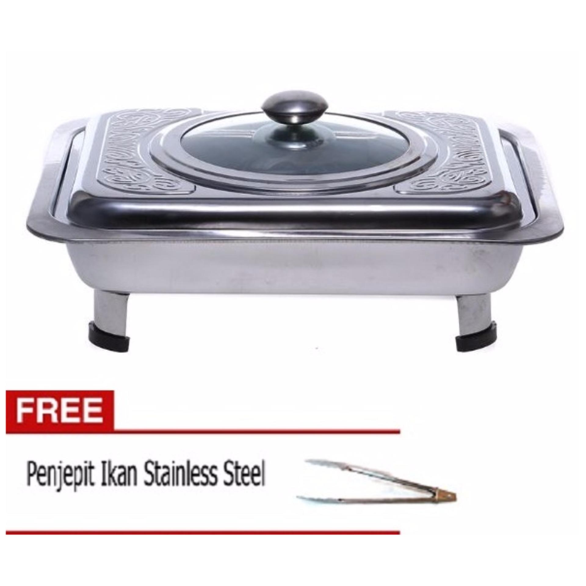 555 SA Tempat Makan Prasmanan Motif stainless steel + Gratis Penjepit Ikan Stainless Steel  