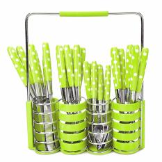Babamu Set Peralatan Makan Sendok Garpu Pisau Motif Polkadot Stainless Steel 24 Pcs / Hijau