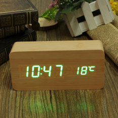 Bambu Kayu Digital Hijau LED Alarm Jam Modern Kalender Thermometer USB/AAA