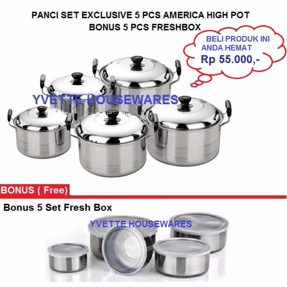 Best Seller Panci Set Exclusive 5 Pcs America High Pot - Bonus Freshbox Rantang Stainless 5