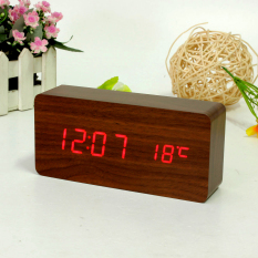 Brown Kayu Merah LED Alarm Jam Kalender Thermometer USB/AAA (Kontrol Suara)