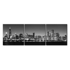 Kanvas Cetak Lukisan Seni Dinding untuk Dekorasi Rumah Hitam & Putih Chicago Kaki Langit Malam Bangunan Cityscape Coastline 3 Pieces Panel lukisan Artwork Gambar Kota Cetak Foto Di Atas Kanvas-Internasional