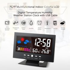 C/�F Indoor Colorful LCD Digital Suhu Kelembaban Meter Stasiun Cuaca Kalender Jam Alarm Tingkat Kenyamanan Ramalan Cuaca Vioce -Activated Backlight dengan USB Kabel-Intl